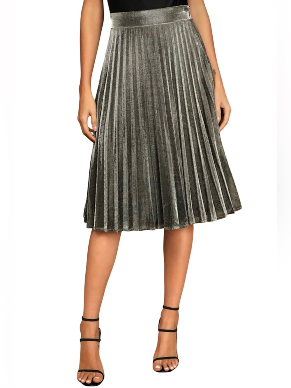 NWT Lulus Star Shine Olive Gold Metallic Pleated Midi Skirt Size Medium - Picture 3 of 12